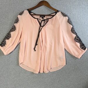Amy Wear Womens Peach Chiffon Blouse Black Lace Trim 3/4 Sleeve Top Large